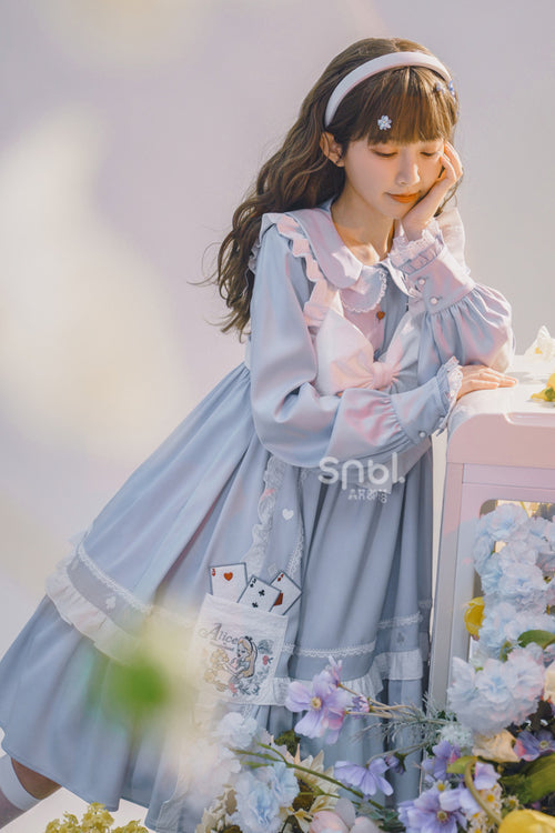 Blue Doll Collar Single Breasted Princess Sleeves High Waist Magic Playing Cards Sweet Lolita OP Dress - Product - 5