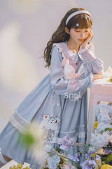 Blue Doll Collar Single Breasted Princess Sleeves High Waist Magic Playing Cards Sweet Lolita OP Dress - Product - 5