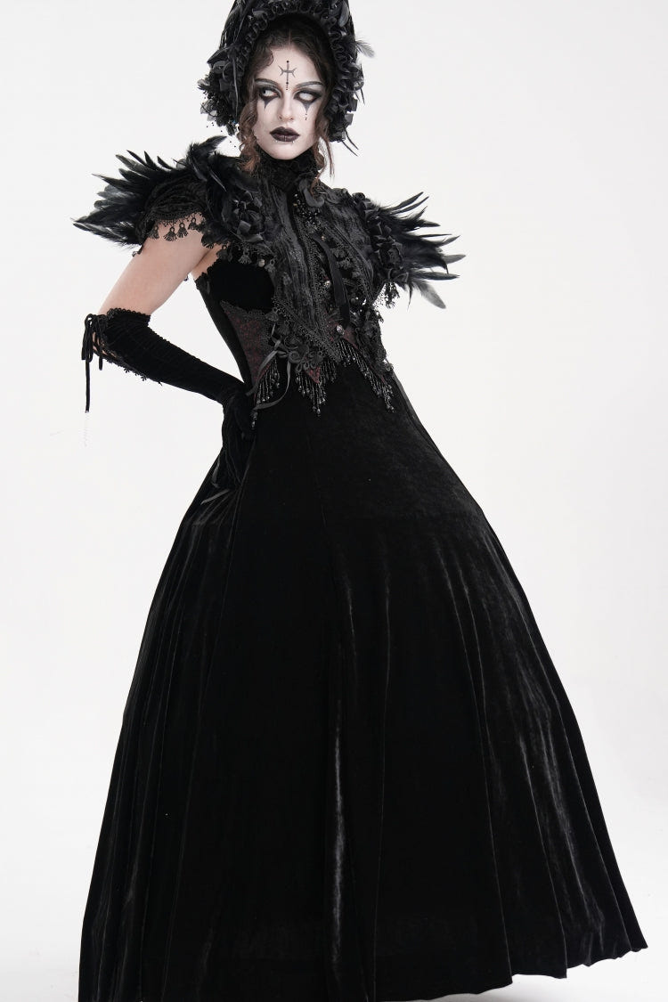 Black Stand Collar Lace Pleated Women's Gothic Tassels Feather Lace Cape - Product - 8