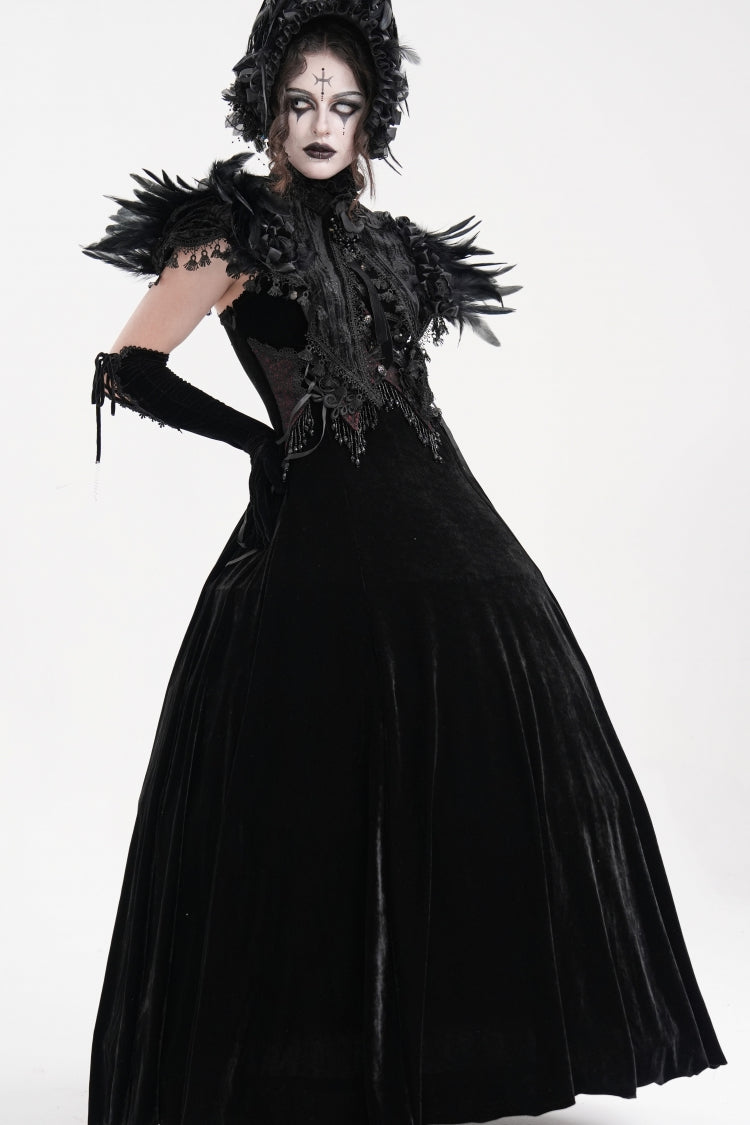 Black Stand Collar Lace Pleated Women's Gothic Tassels Feather Lace Cape - Product - 8