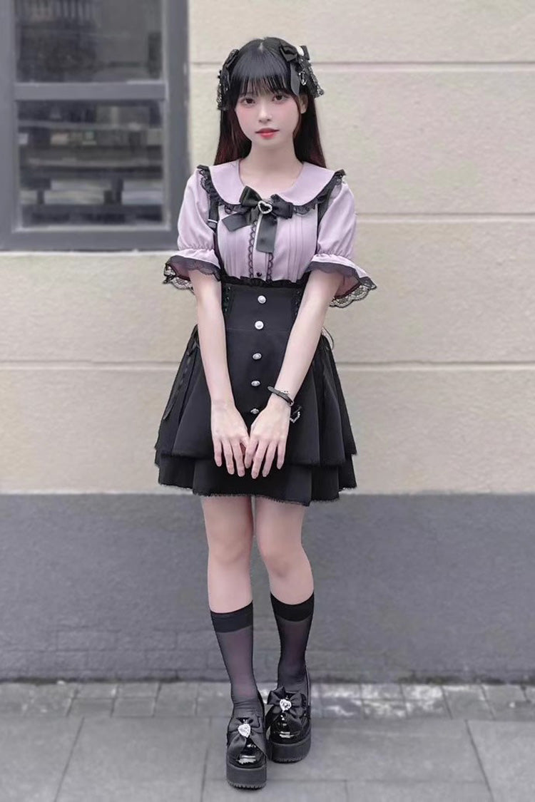 Jirai Kei High Waisted Bowknot Lace Lace-Up Sweet Lolita Skirt 2 Colors - Black - 6