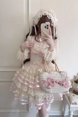 Pink [Butterfly Heart Ballet] Triple-Layered Ruffle Bowknot Lace Sweet Ballet Lolita Jsk Dress - Pink - 1