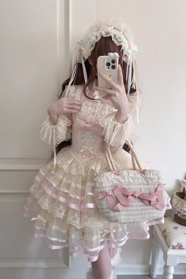 Pink [Butterfly Heart Ballet] Triple-Layered Ruffle Bowknot Lace Sweet Ballet Lolita Jsk Dress - Pink - 1