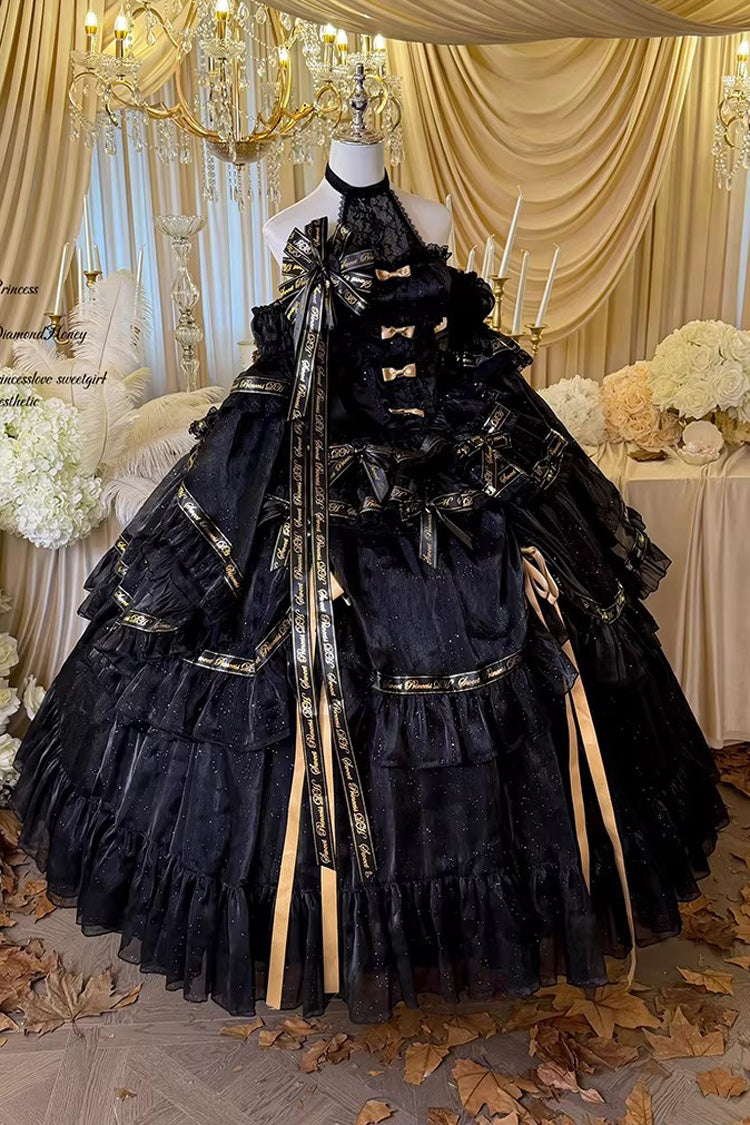 Black [Obsidian Banquet] Double-Layered Ruffled Hanayome Bow Lace Sweet Gothic Princess Lolita Jsk Dress - Product - 12