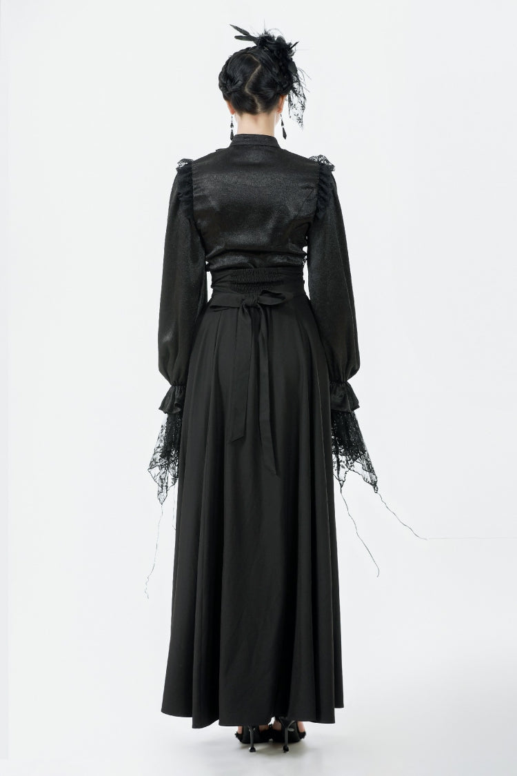 Black Embroidered Lace Trim Pleated Women's Gothic Maxi Skirt - Product - 4