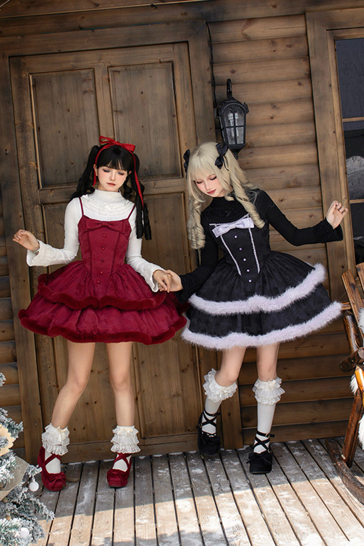 [Winter's Wish] Double-Layered Jacquard Bowknot Furry Sweet Lolita Jsk Dress 2 Colors - Product - 5