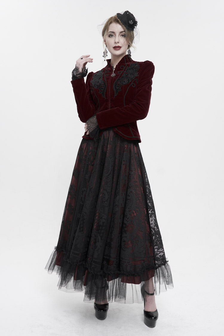 Black/Red Lace Flower Mesh Hem Paneled Ruffles Lace Big Swing Women's Gothic Skirt - Product - 4