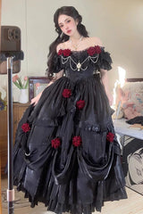 Black Tana Manor Rose Flower Long Sleeves Ruffle Bowknot Elegant Gothic Princess Lolita Strapless Dress - Product - 4