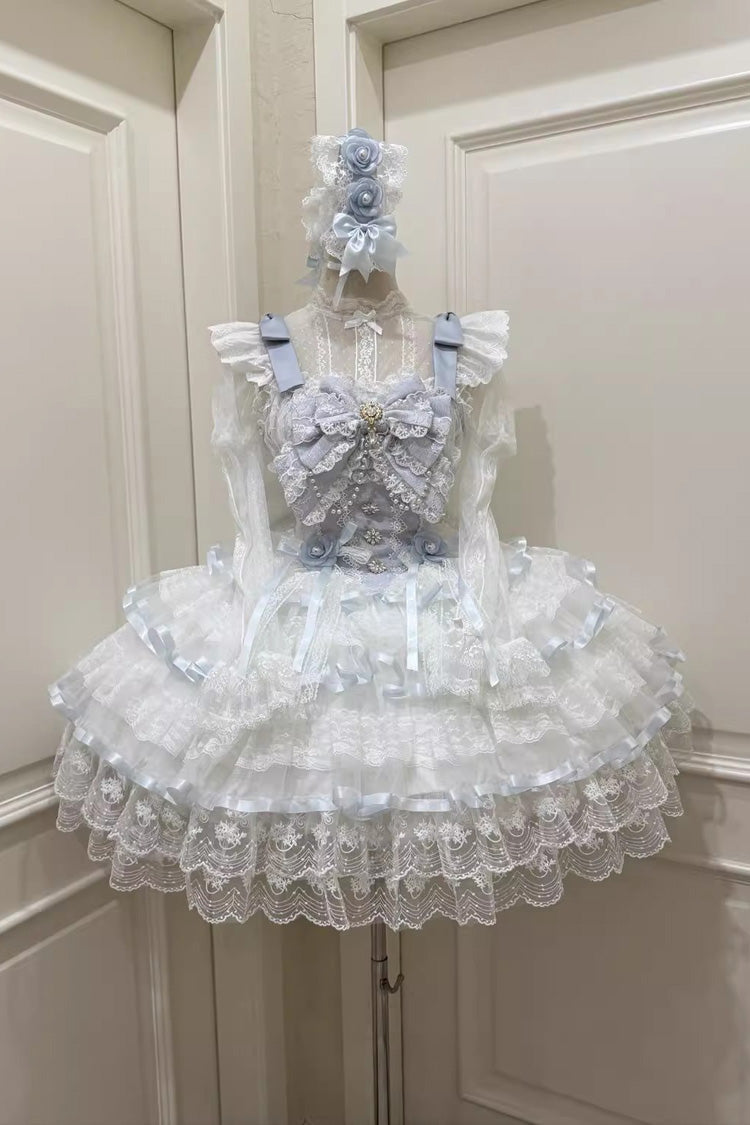 Blue [Rose Feather Waltz] Sleeveless Triple-Layered Ruffle Bowknot Lace Sweet Ballet Lolita Jsk Dress - Product - 3