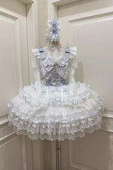 Blue [Rose Feather Waltz] Sleeveless Triple-Layered Ruffle Bowknot Lace Sweet Ballet Lolita Jsk Dress - Product - 3