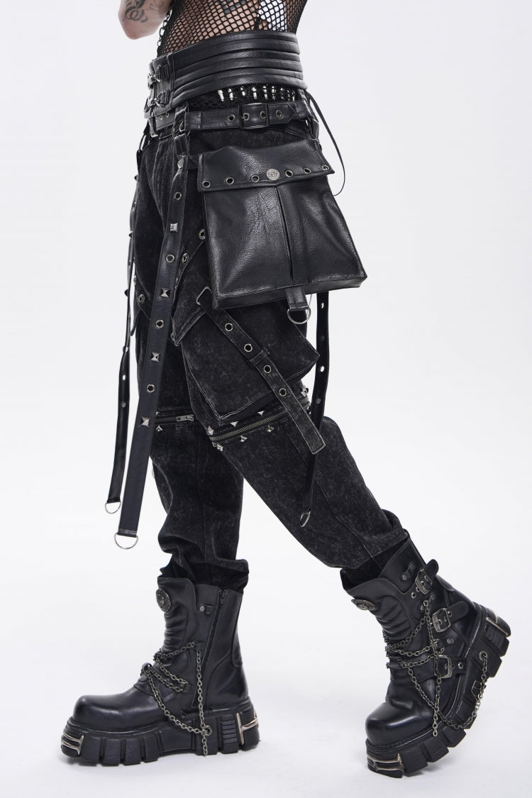 Black Lace-Up Studded Buckled Zippered Eyelet Men's Punk Cool Accessory with Pouches - Product - 5