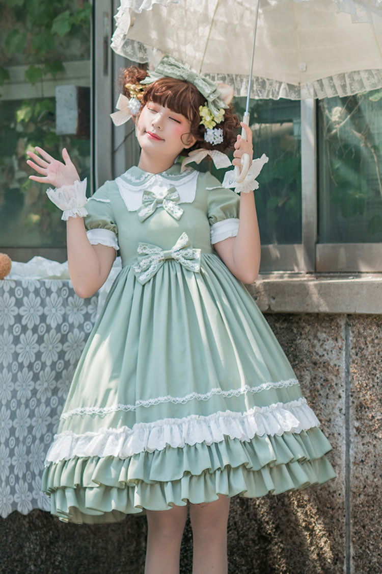 Green Short Sleeves High Waisted Bowknot Multi-Layer Classic Lolita Jsk Dress - Product - 4