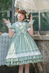Green Short Sleeves High Waisted Bowknot Multi-Layer Classic Lolita Jsk Dress - Product - 4