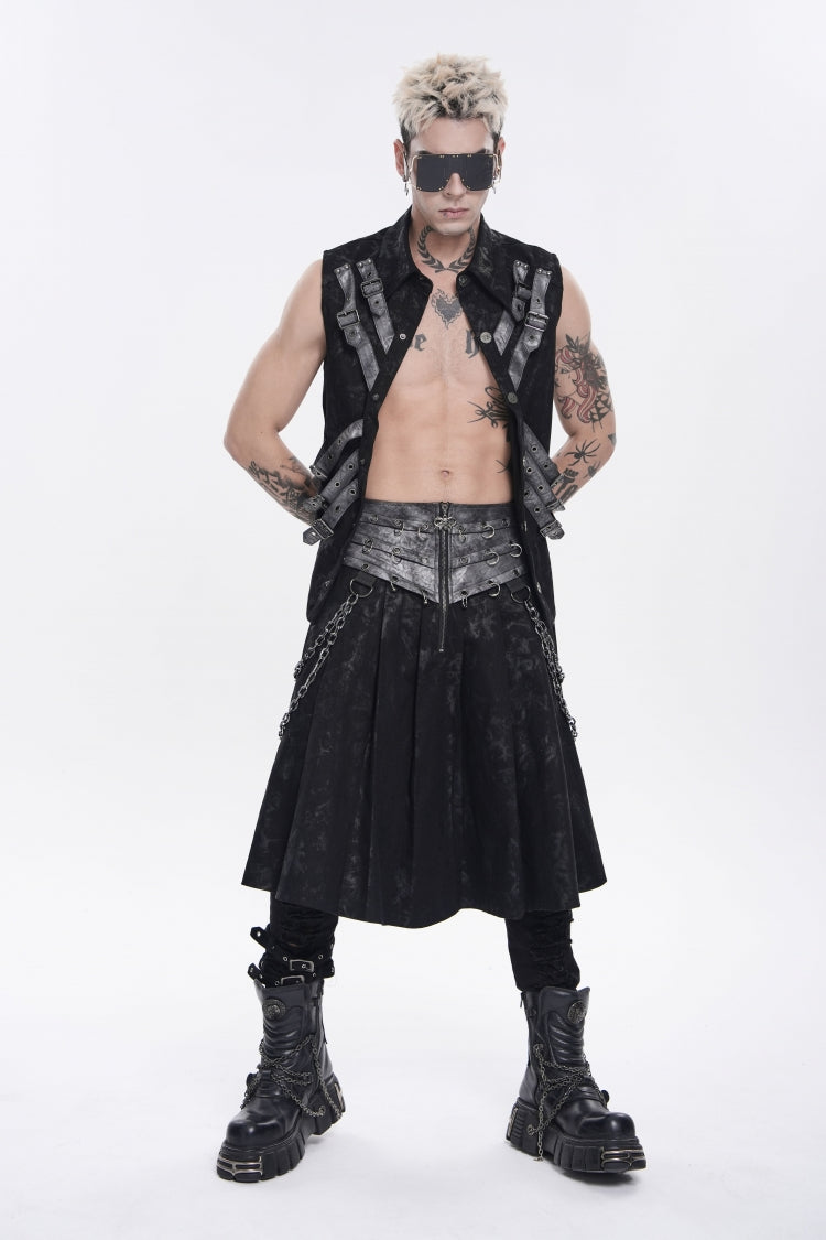 Black Printed Spliced Lace-Up Pleated Chain-Decorated Men's Punk Skirt - Product - 2