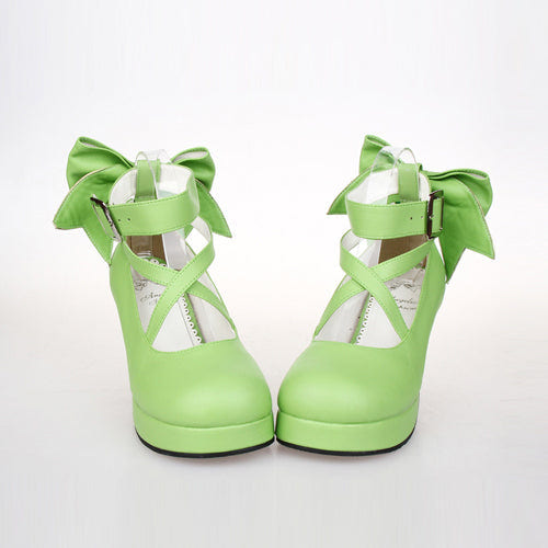Pure Color Cute Bowknot Sweet Lolita High Heel Shoes - Green - 3