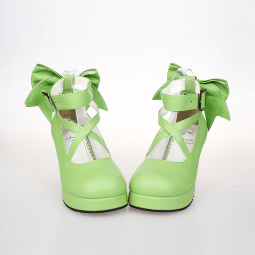 Pure Color Cute Bowknot Sweet Lolita High Heel Shoes - Green - 3