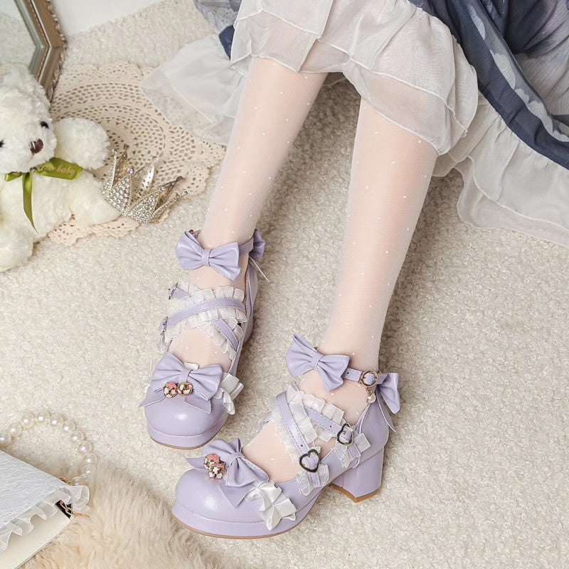 Sweet Bowknot Stitching Lace Princess Lolita High Heels 6 Colors - Purple - 3
