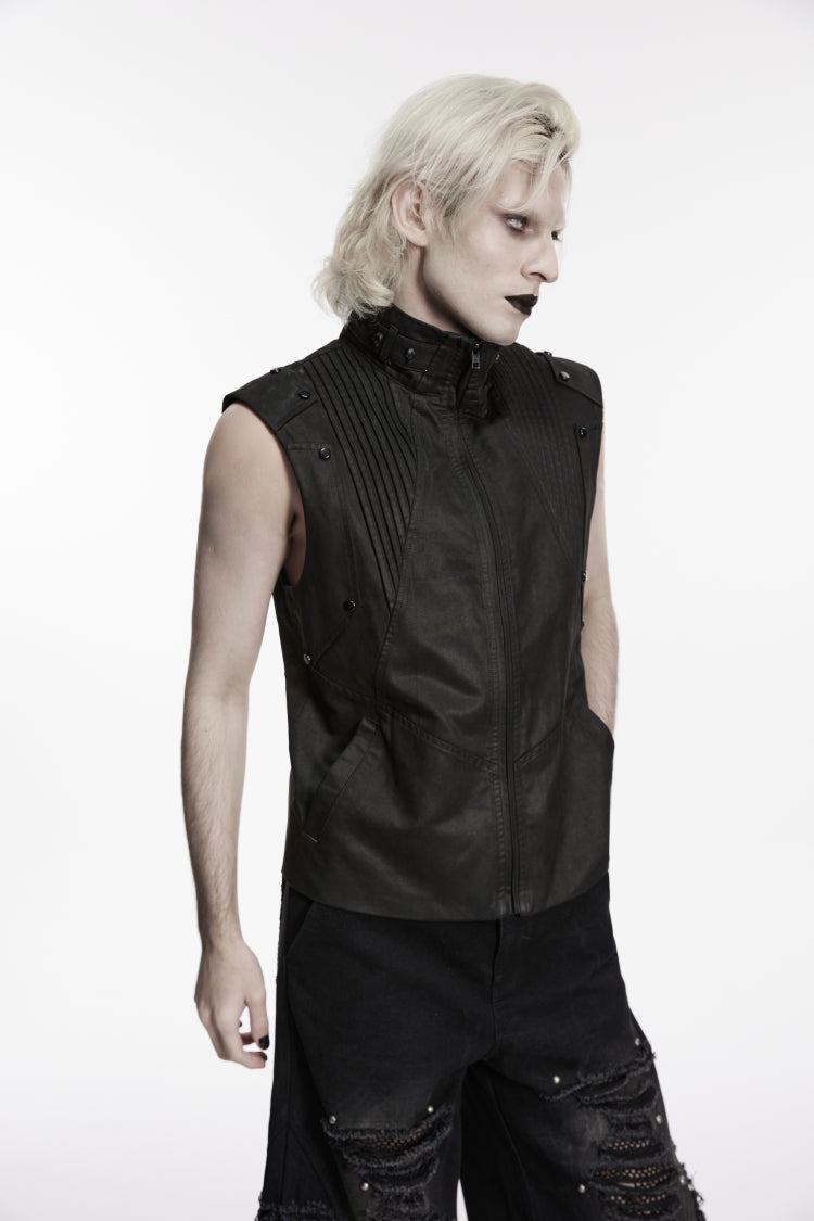 Black Stand Collar Sleeveless Studded Zippered Pleated Men's Punk Cool Vest - Product - 6