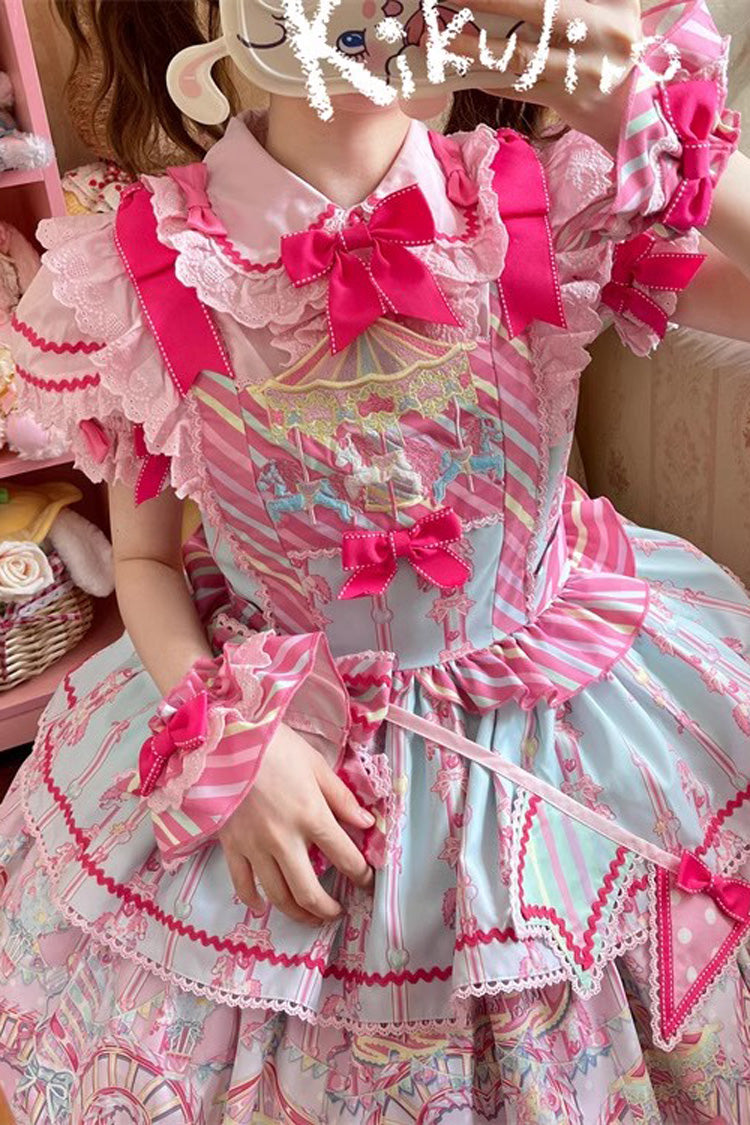 Blue/Pink Candy Park Print Ruffle Bowknot Sweet Lolita Jsk Dress - image 3