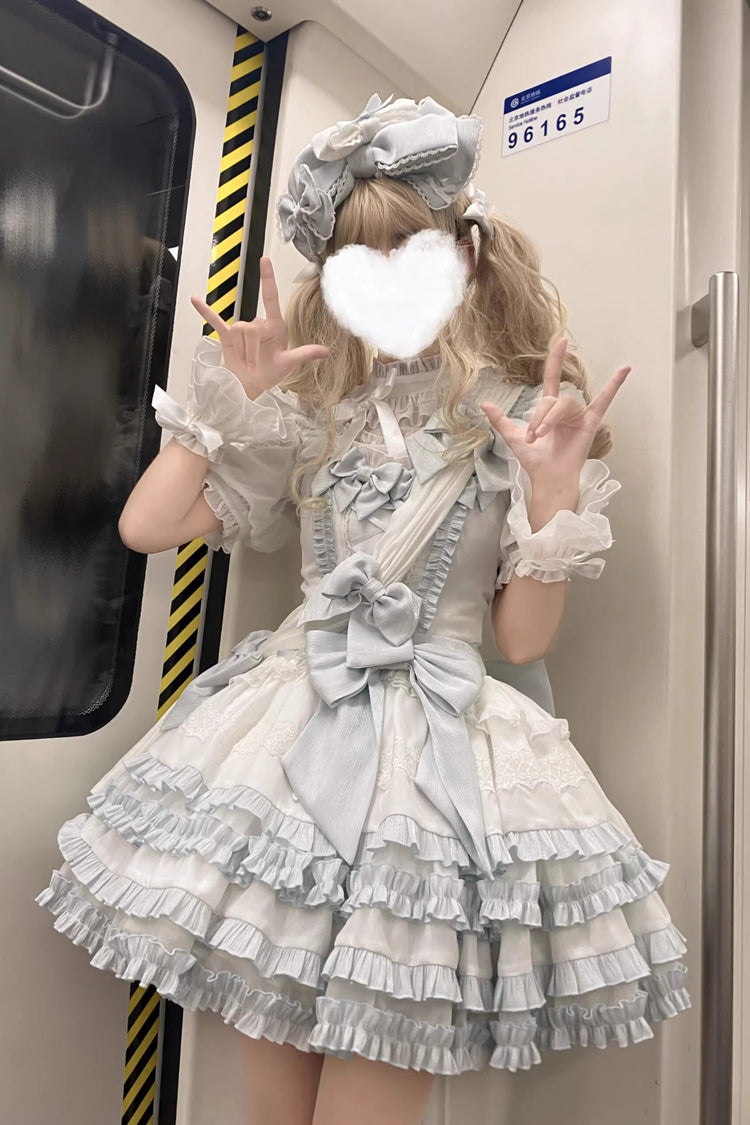 White/Light Blue Multi-layer Ruffle Bowknot Sweet Princess Lolita Jsk Dress (Includes Blouse) - White/Light-Blue - 1