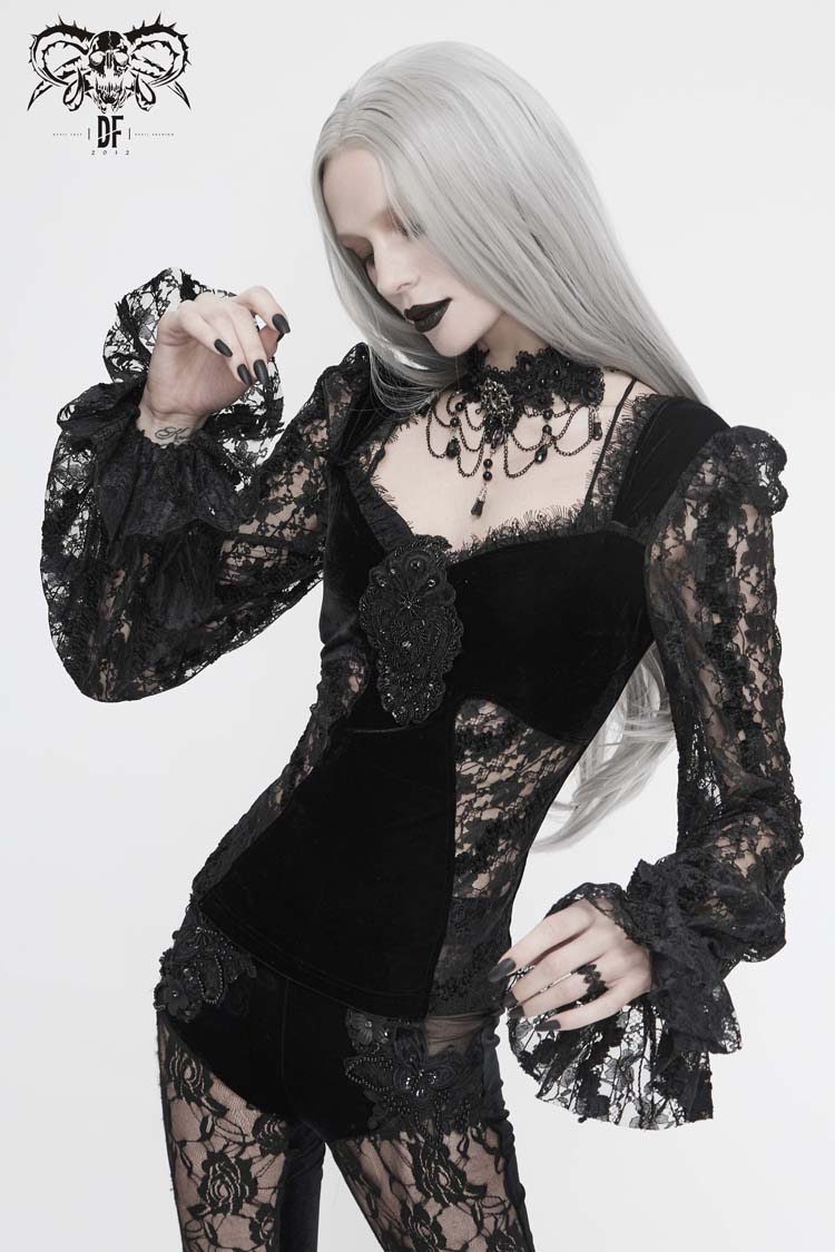 Black Front Chest Decals Lantern Sleeve Lace Cuff Back Lace-Up Knitted Velvet Women's Gothic T-Shirt - Product - 2