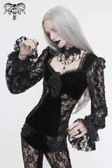 Black Front Chest Decals Lantern Sleeve Lace Cuff Back Lace-Up Knitted Velvet Women's Gothic T-Shirt - Product - 2
