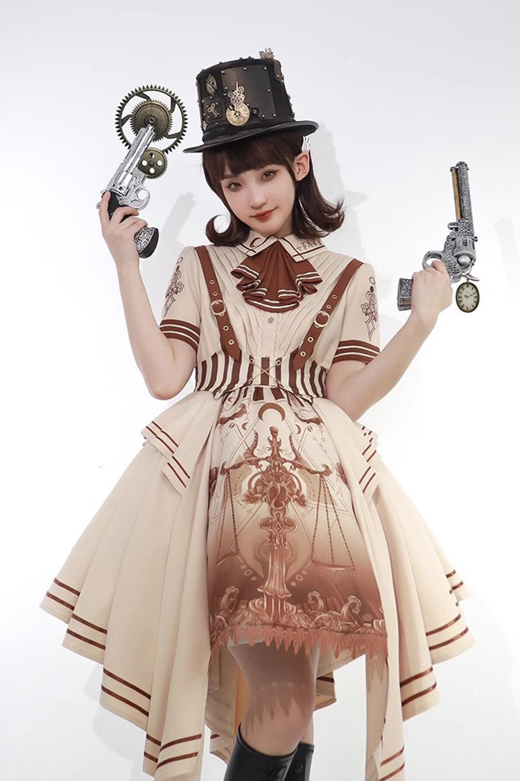 Brown Short Sleeves Libra Print Punk Vintage Lolita Dress - Product - 5