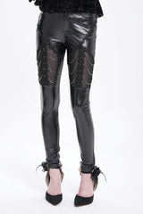 Black Chain Faux Leather Stitching Lace Women's Gothic Pants - Product - 4