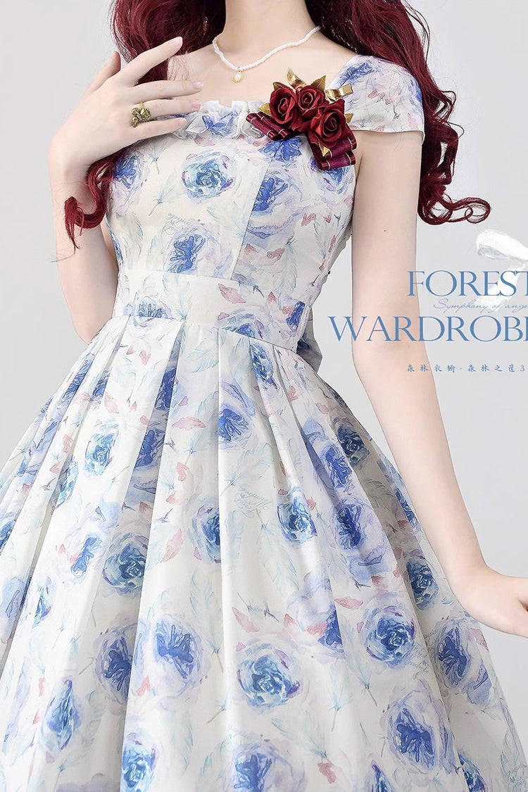 Blue/White Rose Print [Forest Basket] Bowknot Sweet Elegant Lolita Jsk Dress - Product - 4