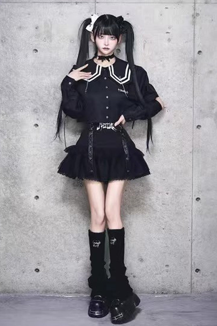 Black High Waisted Ruffle Embroidery Gothic Jirai Kei Japanese Skirt - Product - 3