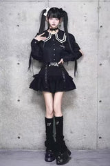 Black High Waisted Ruffle Embroidery Gothic Jirai Kei Japanese Skirt - Product - 3