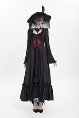 Red Long Sleeves Floral Embroidery Lace-Up Pleated Women's Gothic Dress - Product - 2