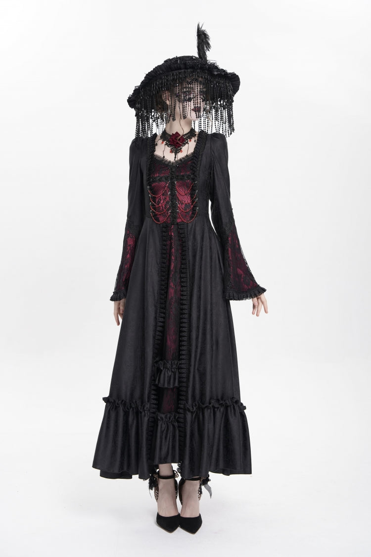 Red Long Sleeves Floral Embroidery Lace-Up Pleated Women's Gothic Dress - Product - 2