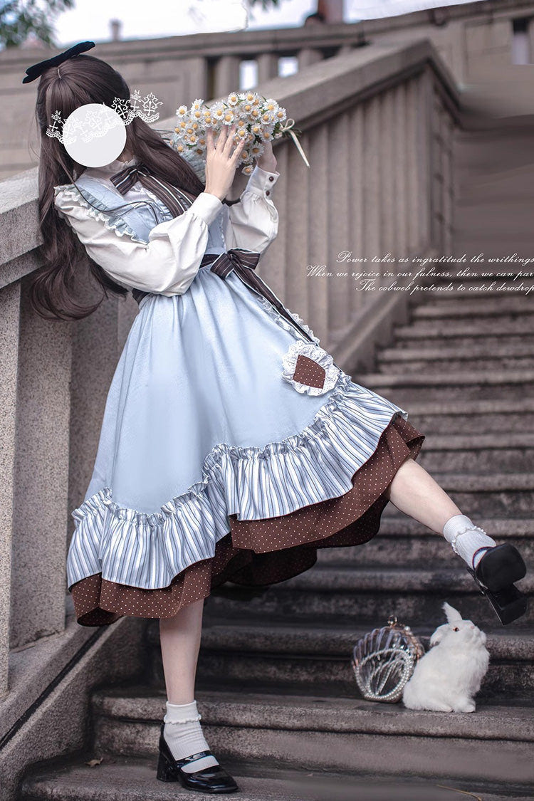 Blue/Brown [Magic Vocal Club] Ruffle Bowknot Sweet College Style Elegant Lolita Jsk Dress - Product - 6