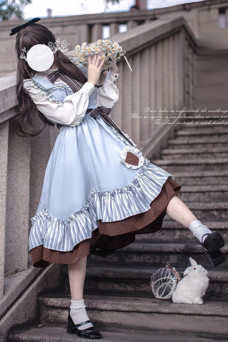 Blue/Brown [Magic Vocal Club] Ruffle Bowknot Sweet College Style Elegant Lolita Jsk Dress - Product - 6