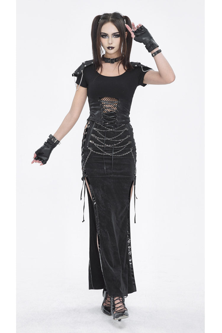 Black High Waisted Side Slit Slim Women's Steampunk Skirt - Product - 7