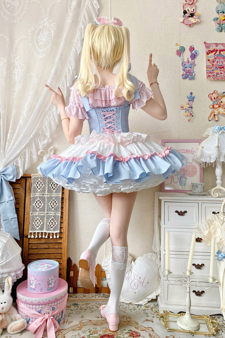 Light-Blue/Pink/White [Fairy Tale Overture] Triple-Layered Ruffle Bowknot Fishbone Sweet Ballet Lolita Dress - Product - 6