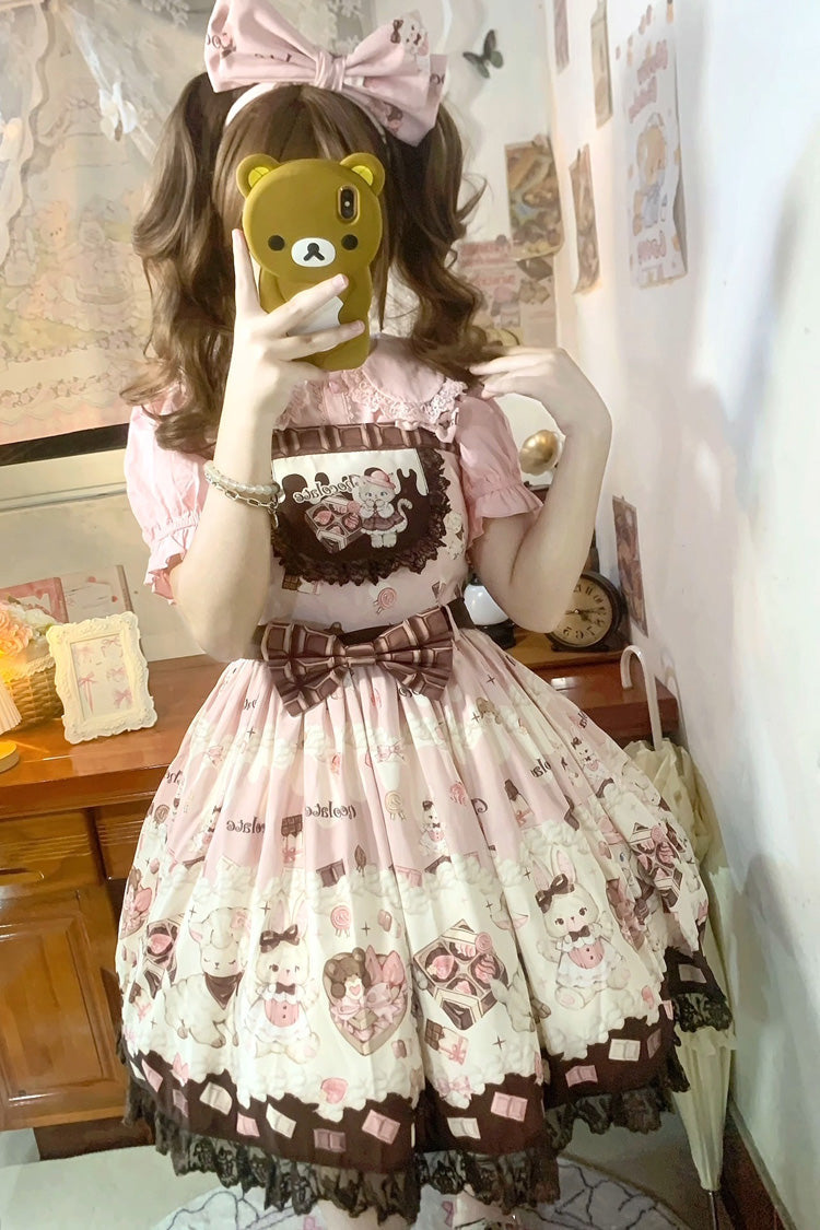 Chocolate Rosette Cat Print Bowknot Stitching Lace Sweet Lolita Jsk Dress 4 Colors - Product - 6