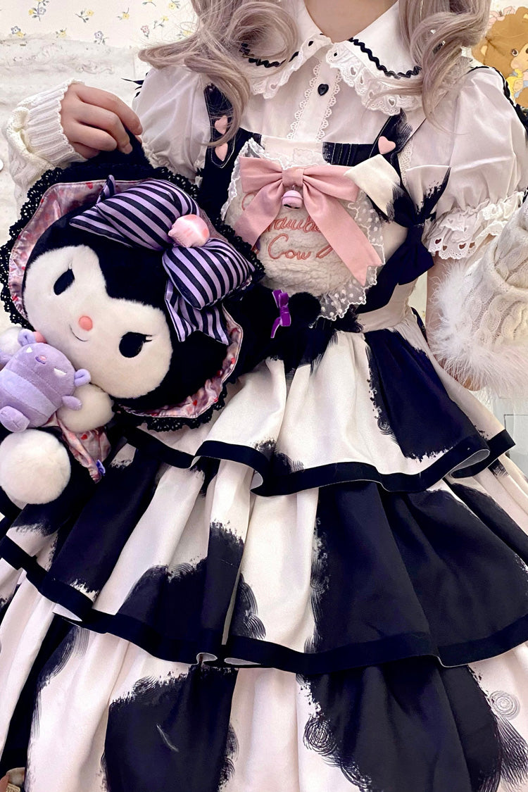 Black Sleeveless Triple-Layered Cow Print Ruffle Bowknot Sweet Lolita Jsk Dress - Product - 5