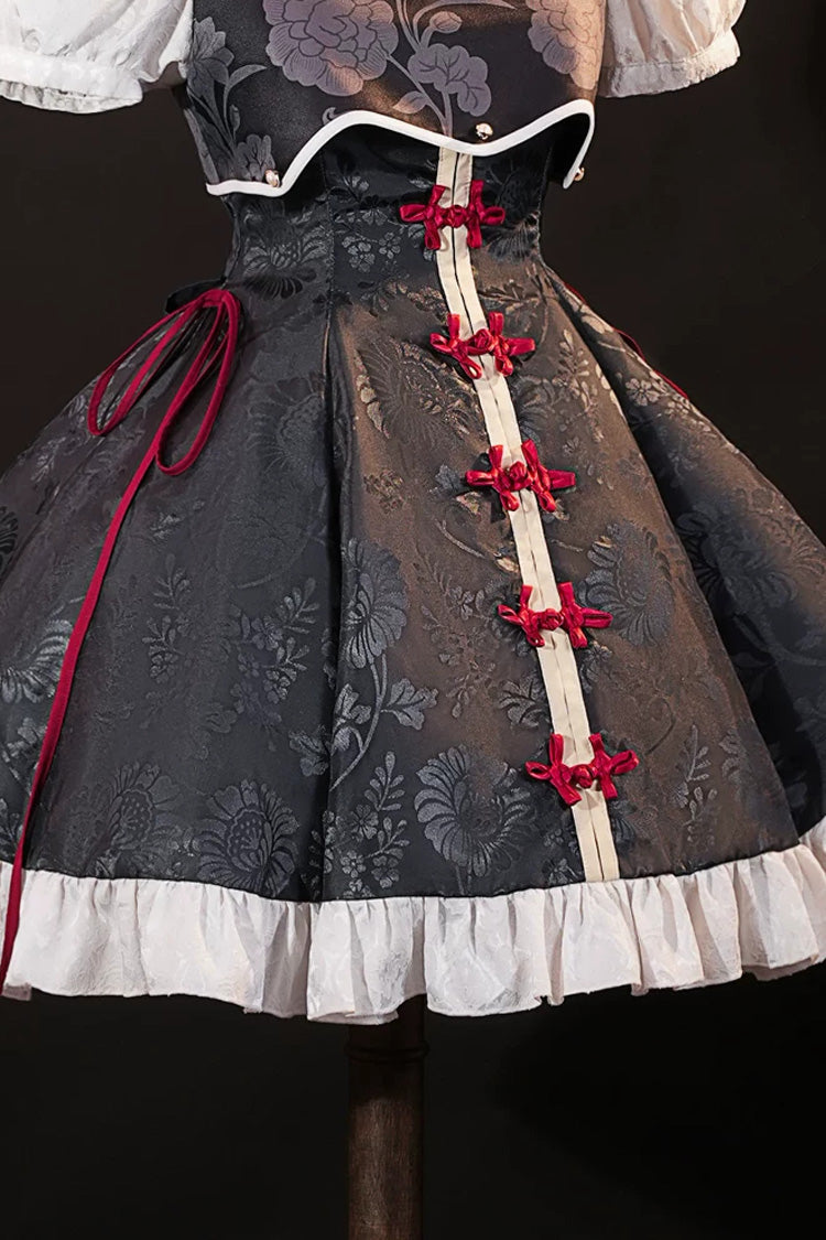 Black [Krul Tepes Seraph of the End] Stand Collar Short Sleeves Ruffled Embroidered Bow Classic Chinese Inspired Lolita Hanfu Dress - Product - 2