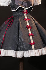 Black [Krul Tepes Seraph of the End] Stand Collar Short Sleeves Ruffled Embroidered Bow Classic Chinese Inspired Lolita Hanfu Dress - Product - 2