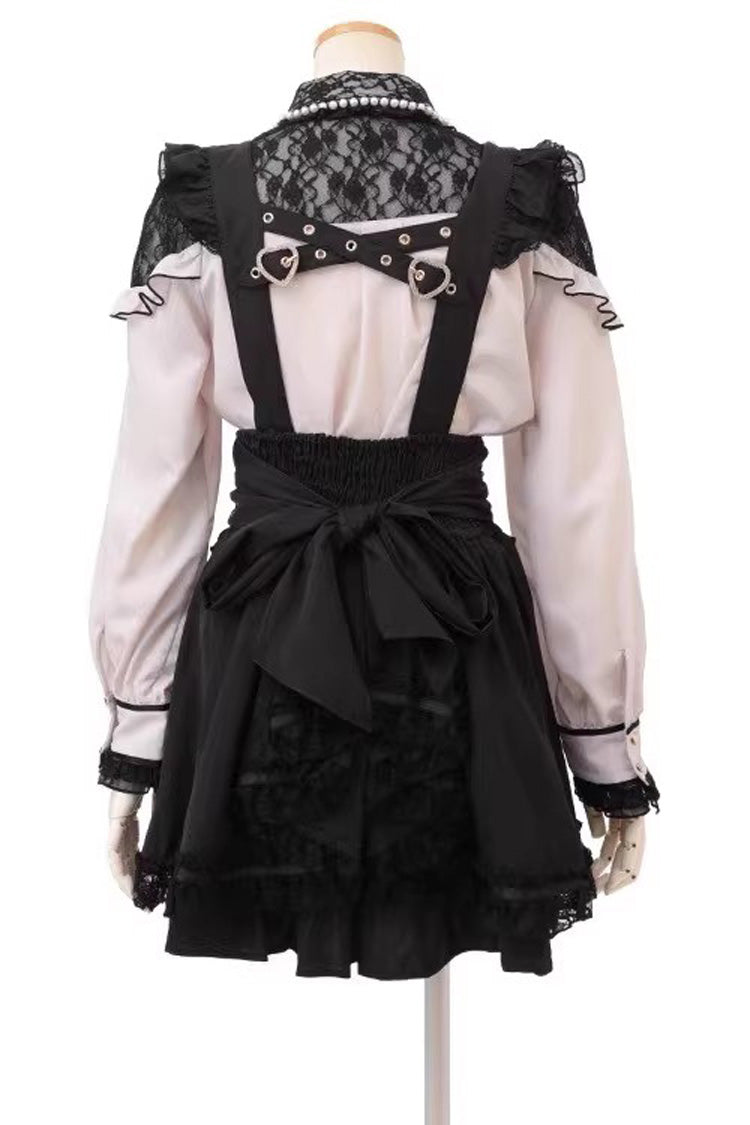 Black Ruffled Bow Lace-Up Pearl-Decorated Gothic Jirai Kei Skirt - Product - 4