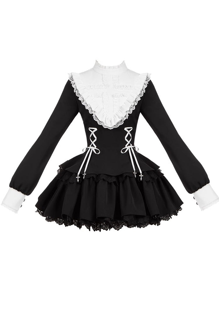 Black Long Sleeves Ruffle Lace-Up Sweet Handsome Lolita Dress - Product - 3
