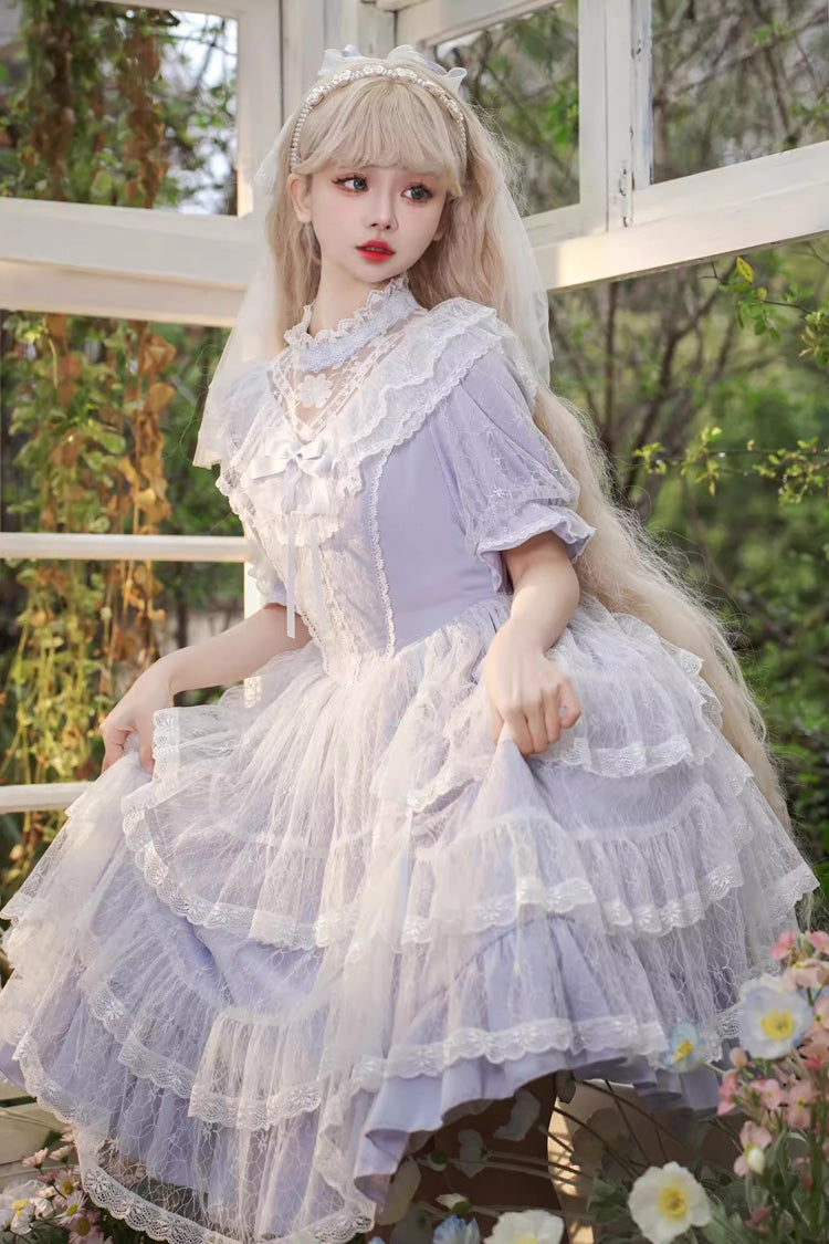 Purple Iris Love Multi-layer Jacquard Bowknot Sweet Elegant Princess Lolita OP Dress - Product - 3