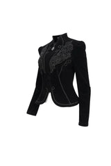 Black Stand Collar Velvet Appliqu On Chest Pendant Zipper Autumn And Winter Short Long Sleeve Women's Gothic Jacket - Product - 7