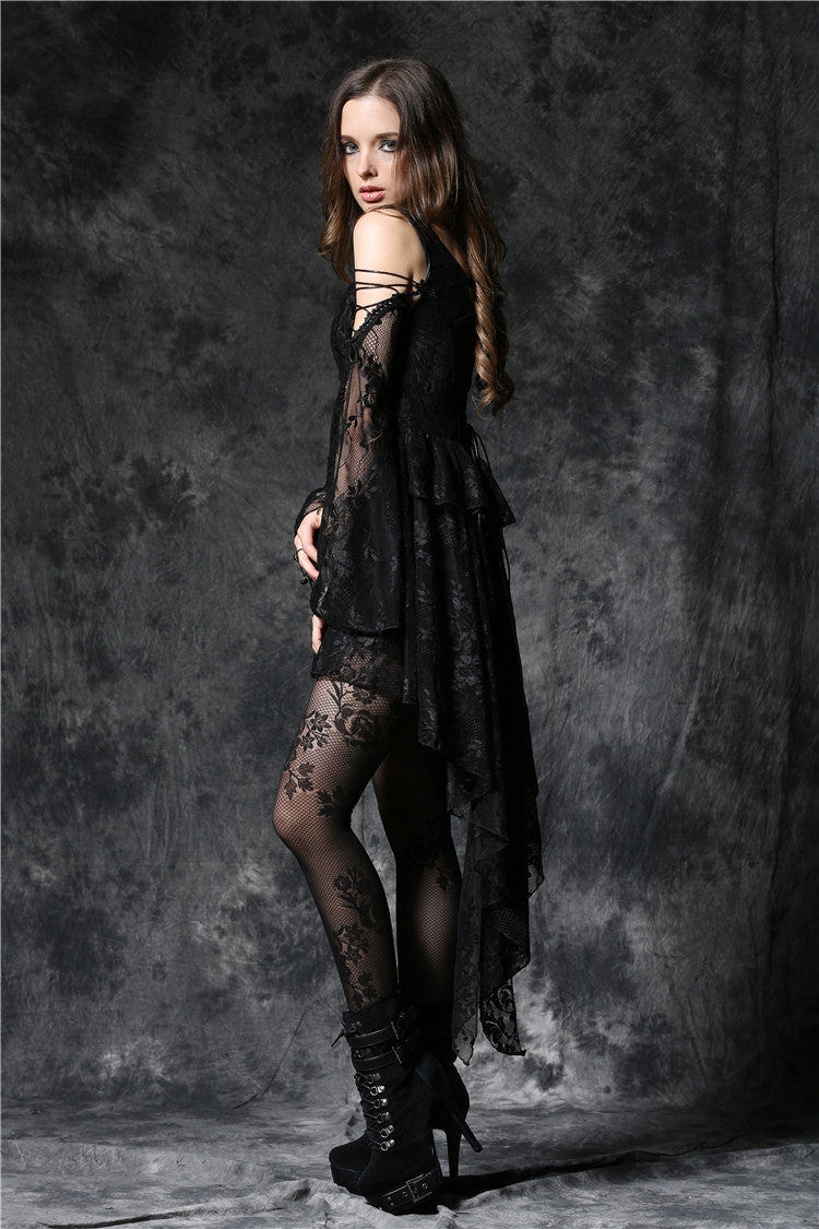 Black Square Collar Long Sleeves Overlay Embroidered Lace Women's Gothic Dress - Product - 14