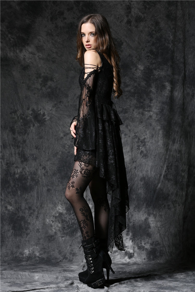 Black Square Collar Long Sleeves Overlay Embroidered Lace Women's Gothic Dress - Product - 14