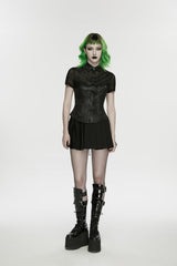 Black Lapel Collar Short Sleeves Lace-Up Mesh Eyelet Women's Punk Blouse - Product - 4
