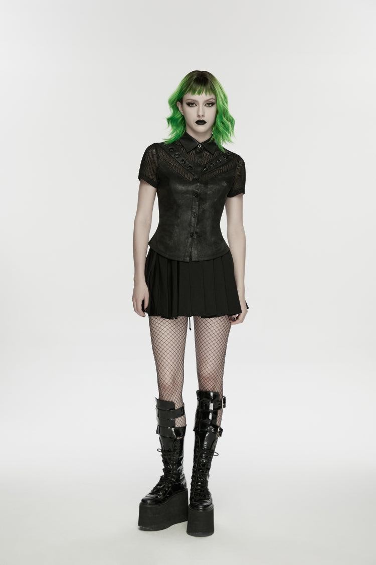 Black Lapel Collar Short Sleeves Lace-Up Mesh Eyelet Women's Punk Blouse - Product - 4