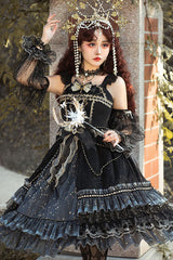 Black Starry Night Square Collar Bowknot Multi-Layer Ruffled Cardigan Gothic Lolita JSK Dress with Detached Sleeves - Product - 4